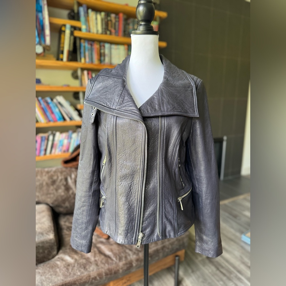 Wilsons - dark blue leather moto jacket; size L